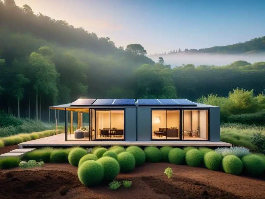 Construcción modular sostenible: obreros ensamblan con cuidado edificio ecofriendly con paneles solares, fusionando modernidad y naturaleza