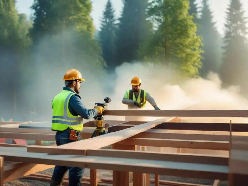 Construcción sostenible: equipo trabajando con madera FSC certificada Construcción sostenible: obreros usan madera FSC para estructuras ecofriendly