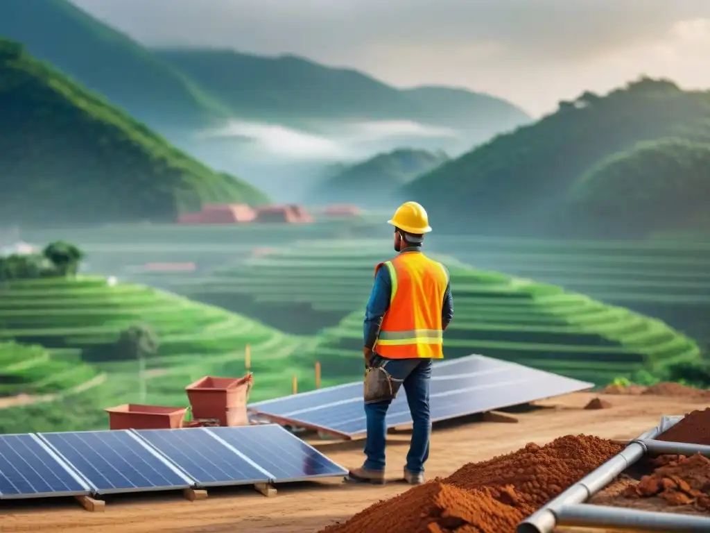 Construcción sostenible: obreros utilizan materiales ecofriendly como bambú y paneles solares