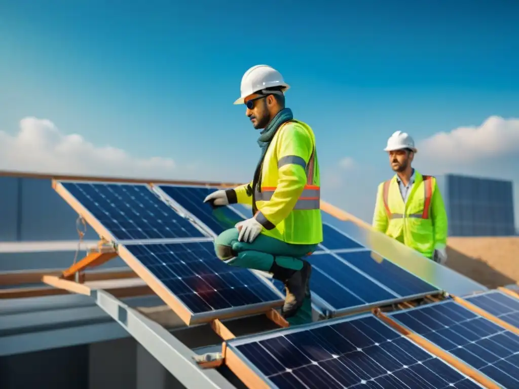 Construcción sostenible: obreros instalan paneles solares en edificio moderno eco-amigable