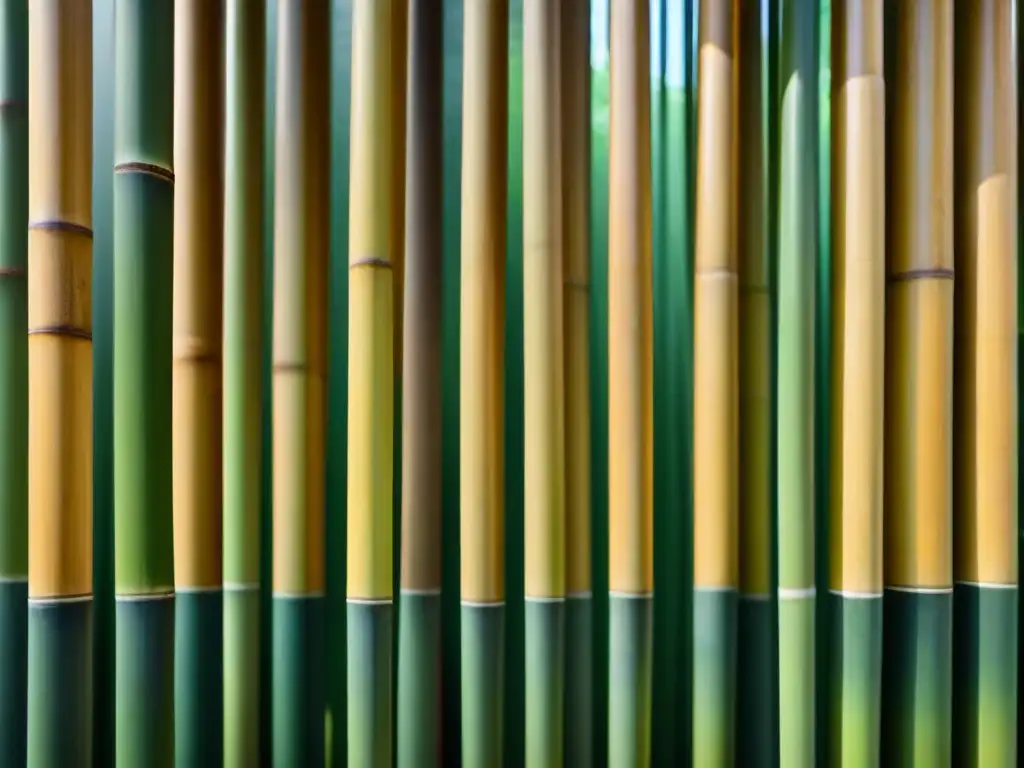 Construcción sostenible con bambú: Detalle de una pared de bambú tejida, resaltando su resistencia y belleza natural bajo la luz del sol