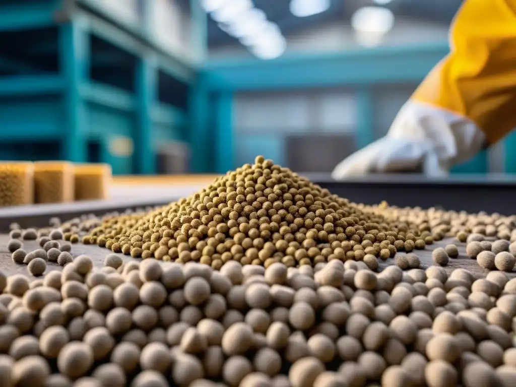 Producción sostenible de pellets en fábrica, trabajadores supervisan maquinaria en proceso de fabricación