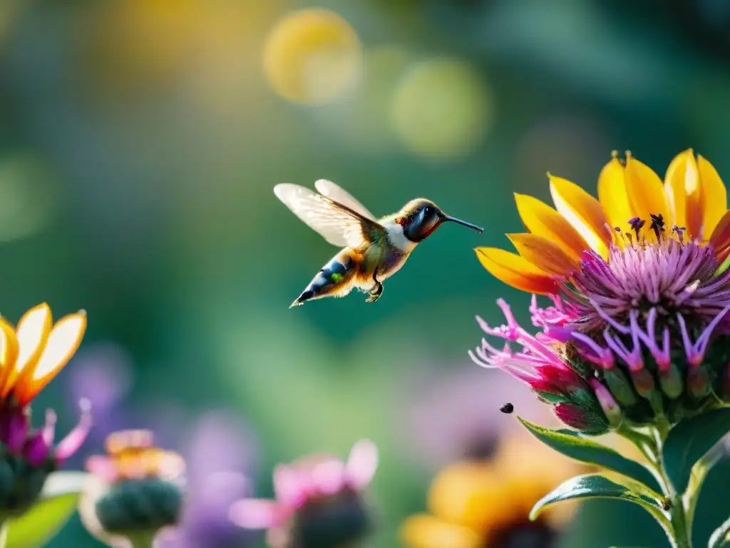 Un jardín sostenible rebosante de polinizadores como abejas, mariposas y colibríes, entre flores vibrantes