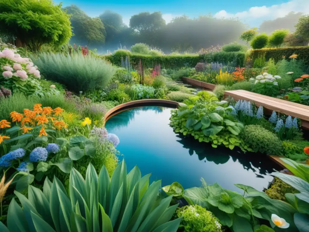 Un jardín sostenible rebosante de vida y armonía, con flores, vegetales y hierbas coloridas