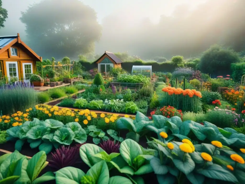 Un jardín sostenible rebosante de vida y color con verduras, frutas y flores en armonía