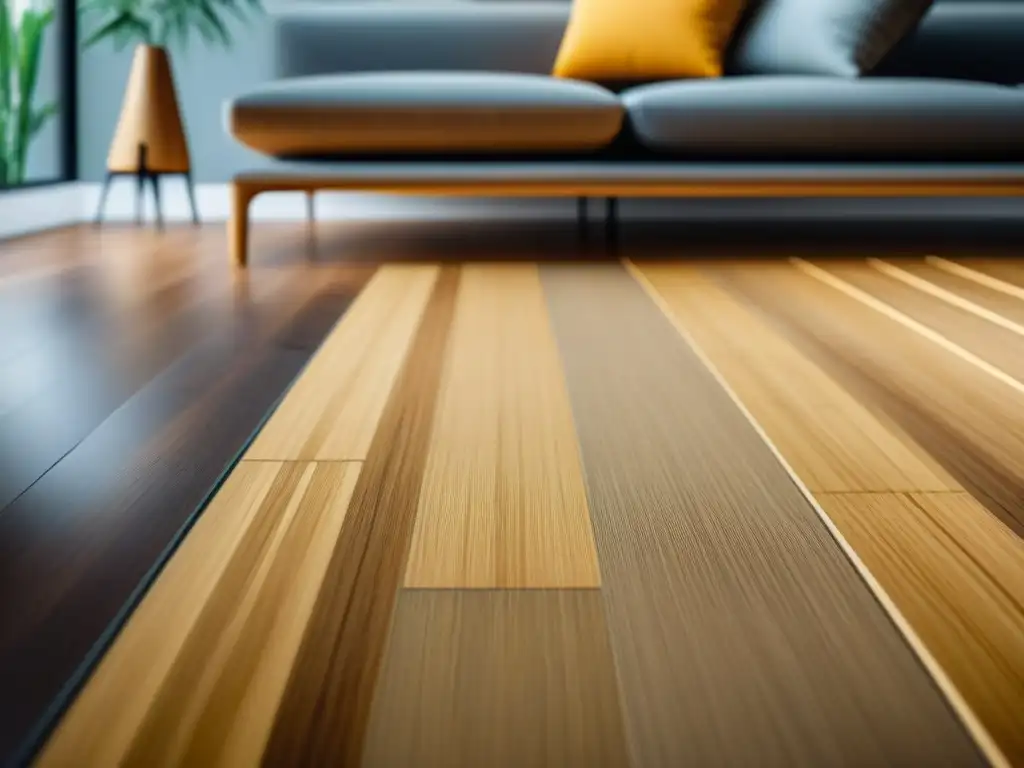 Decoración sostenible con bambú: Detalle de una sala moderna con piso de bambú y piezas decorativas