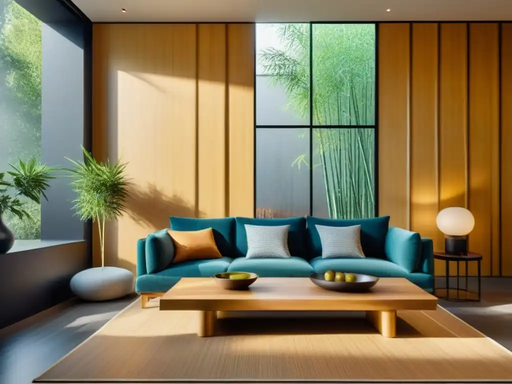 Decoración sostenible con bambú: Detalle de sala moderna con suelo, mesa y paneles de bambú, bañada por luz natural