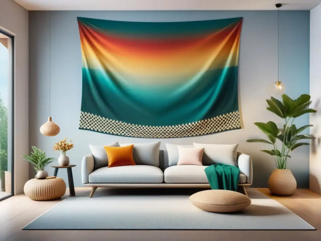 Un tapiz intrincado en contraste con un diseño interior moderno, fusionando artesanía y modernidad