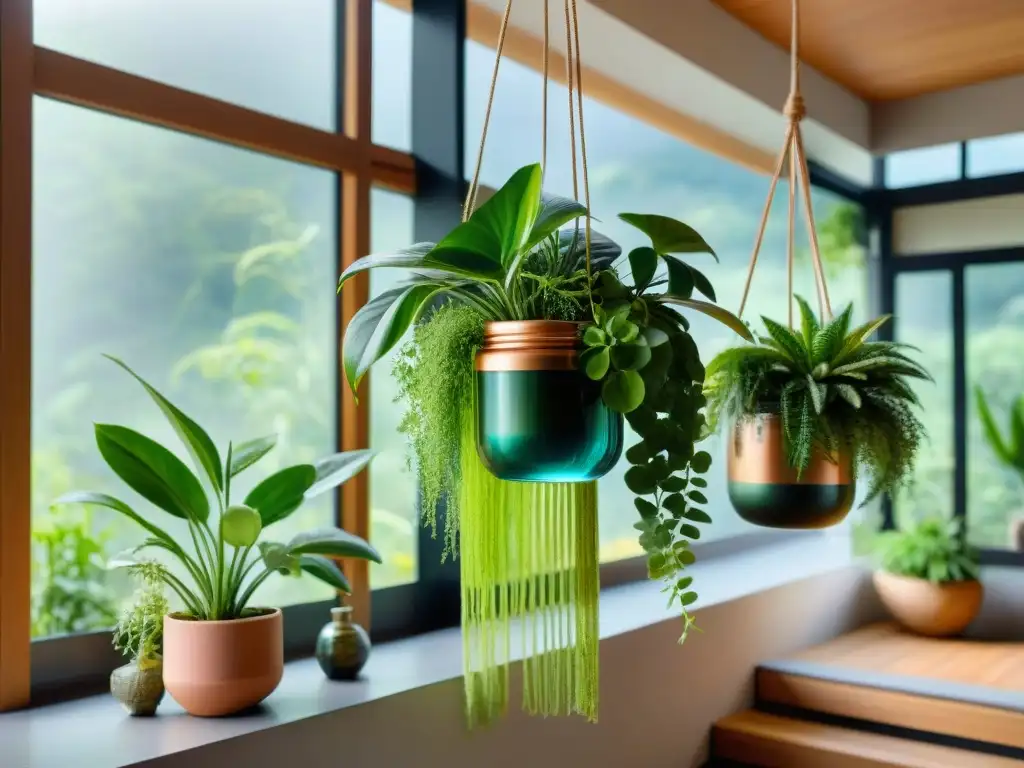 Transformación de tarros en macetas colgantes en un balcón soleado, con plantas verdes