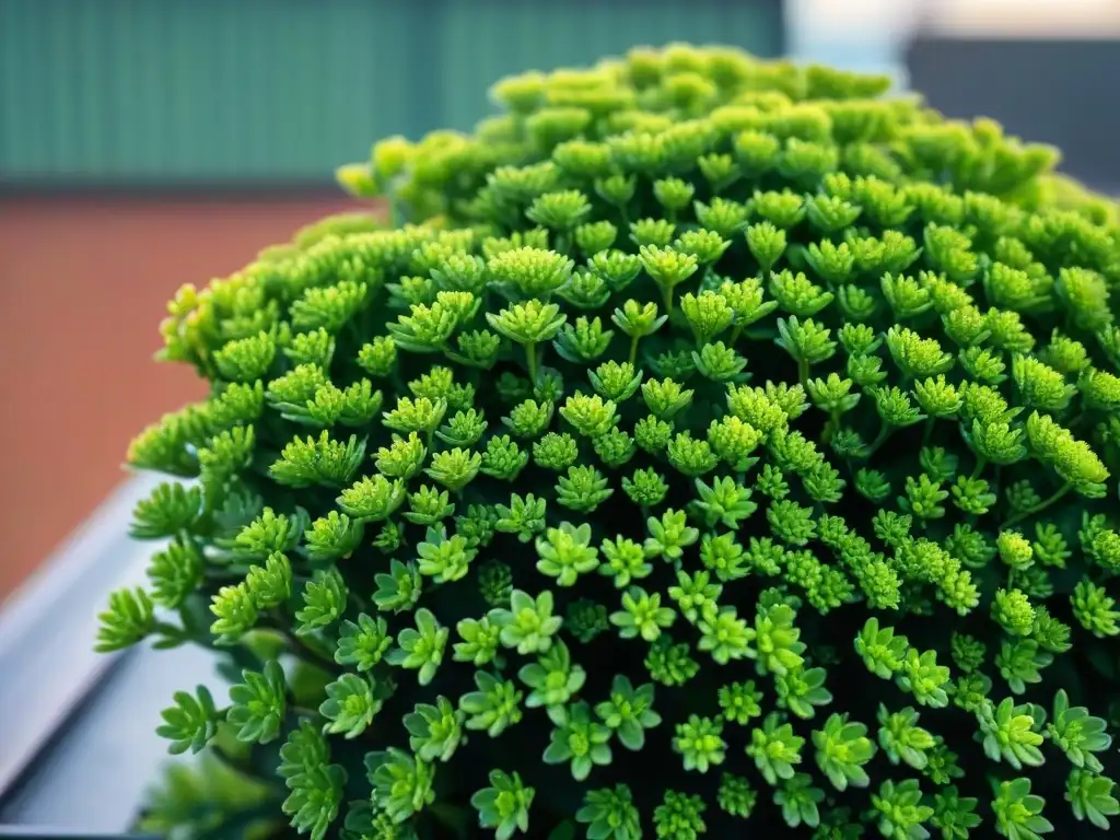 Un techo verde exuberante con sedum y gotas de lluvia brillantes, resaltando su belleza y beneficios ambientales