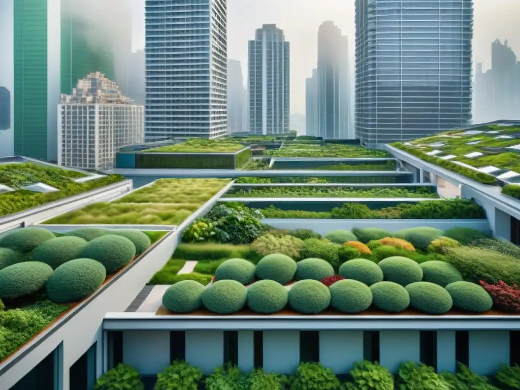 Techos verdes como solución sostenible: una urbe con oasis de vegetación vibrante en contraste con edificios de concreto