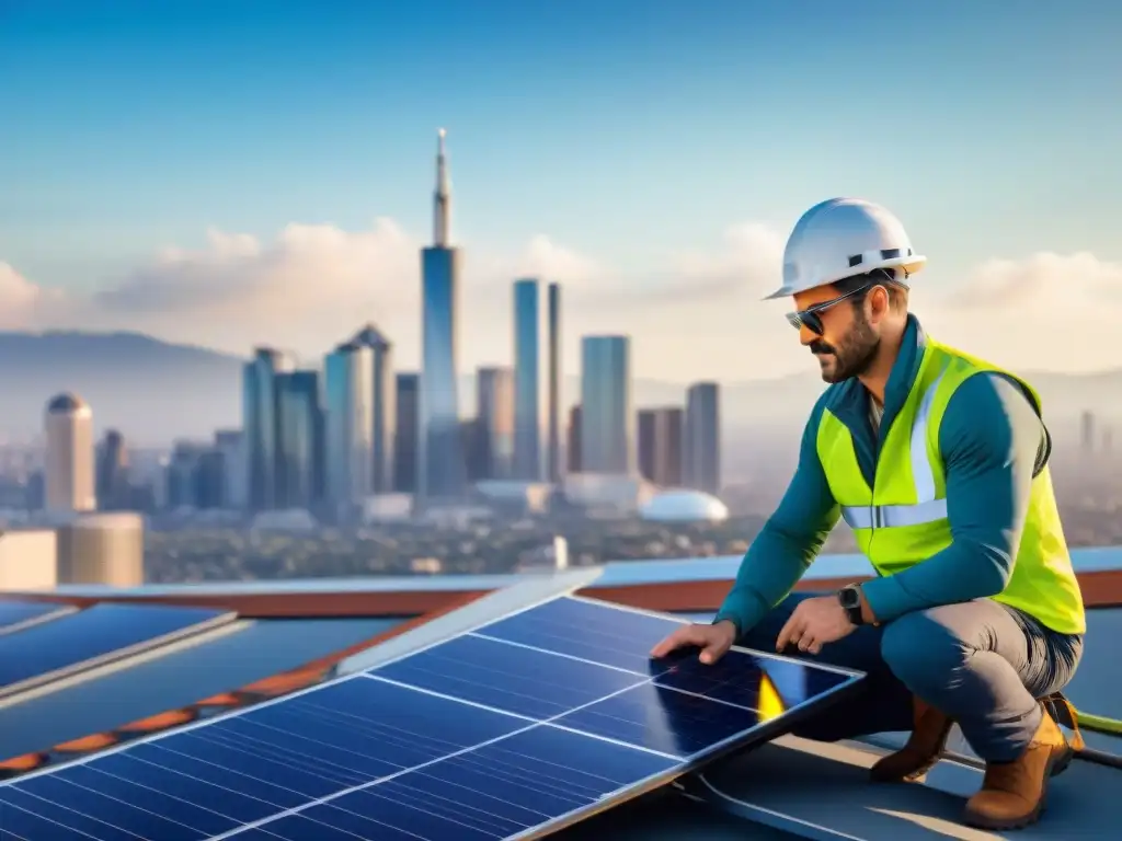 Un técnico instalando un cargador solar moderno en un tejado urbano bajo el cielo azul