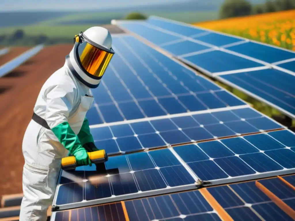 Un técnico en equipo protector limpia detalladamente un panel solar bajo el sol brillante