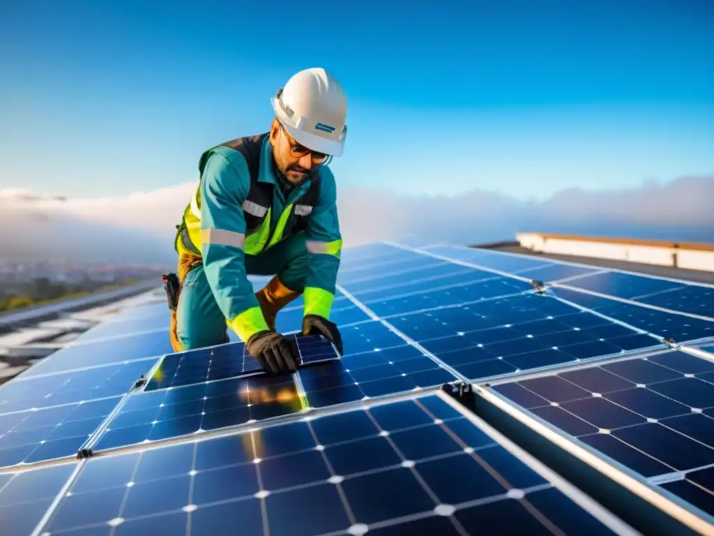 Un técnico experto instalando paneles solares para autosuficiencia energética en un tejado bajo un cielo azul claro