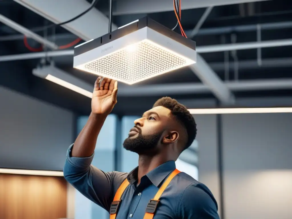 Un técnico instalando una lámpara LED de alta eficiencia en una oficina moderna, resaltando la transformación de la iluminación