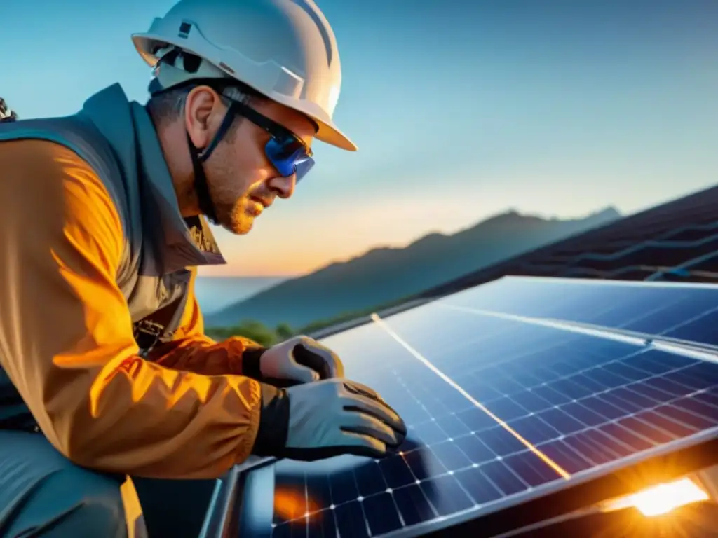 Un técnico inspecciona detalladamente un panel solar, con la luz del sol iluminando su superficie