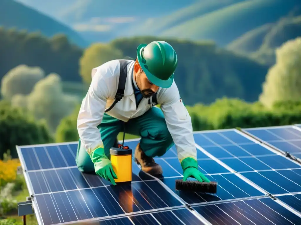 Técnico limpiando paneles solares, reflejando la armonía entre energía renovable y naturaleza