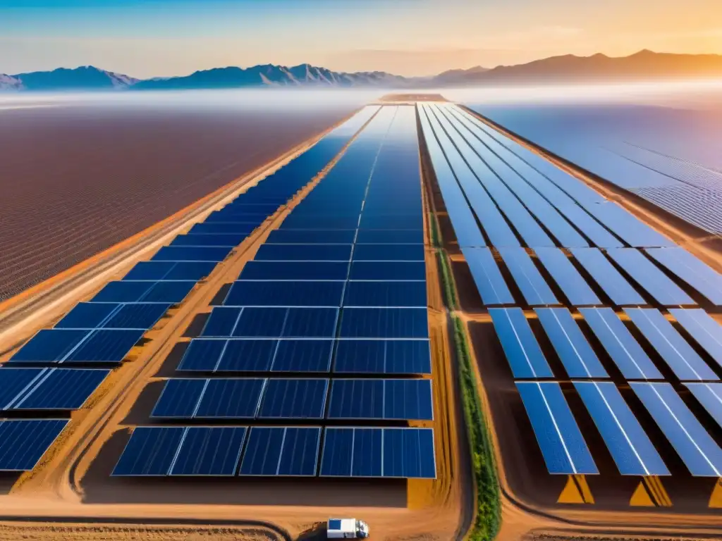 Un técnico inspecciona paneles solares en un extenso campo solar, representando innovación y armonía entre naturaleza y tecnología