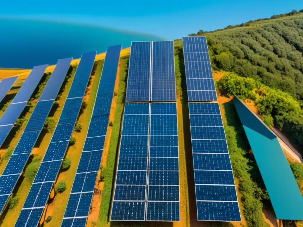 Un técnico inspecciona paneles solares en granja extensa bajo cielo azul