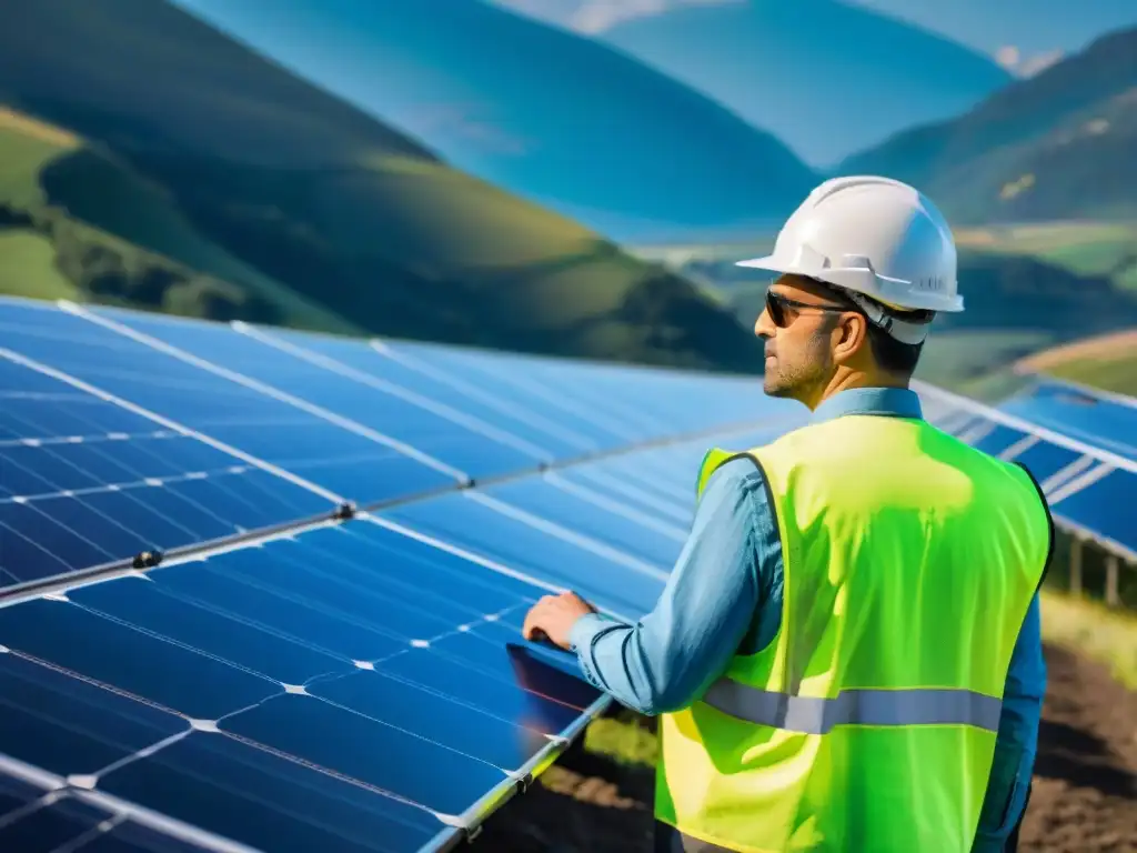 Un técnico inspecciona paneles solares en granja solar verde bajo cielo azul