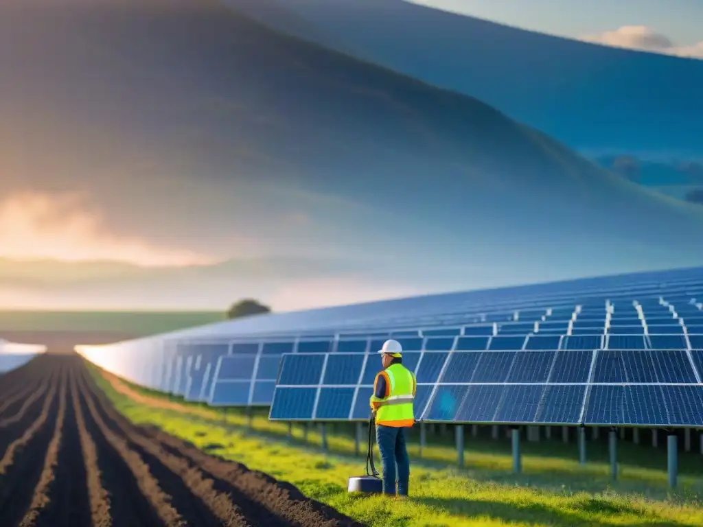 Un técnico inspecciona paneles solares en granja solar, mostrando implementación energía solar sostenible