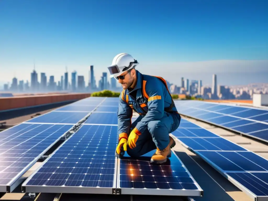 Un técnico inspecciona detalladamente paneles solares en un techo bajo el sol brillante, garantizando eficiencia y vida útil