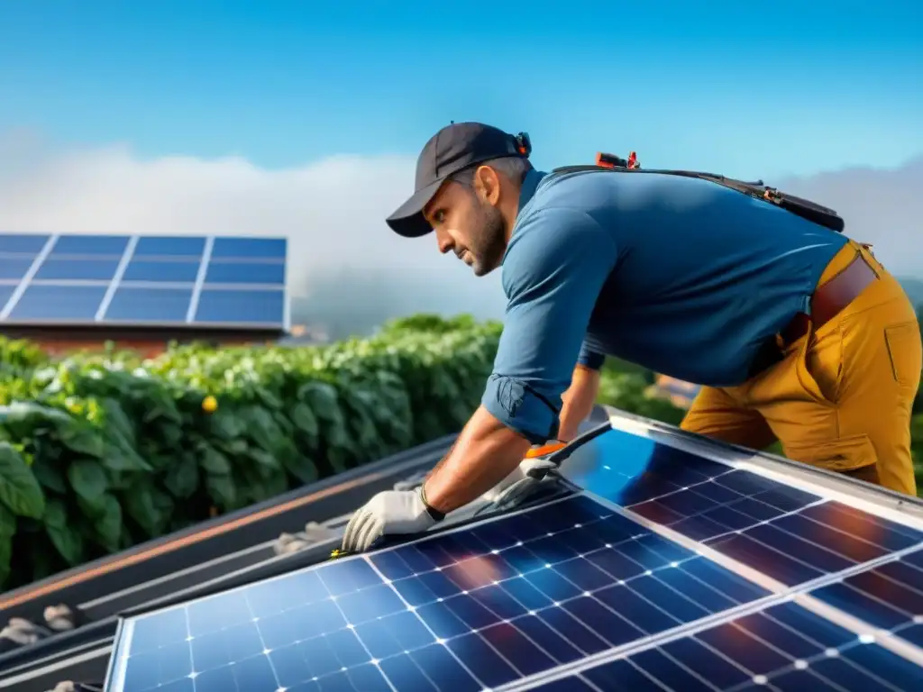 Un técnico instalando paneles solares en un tejado con determinación