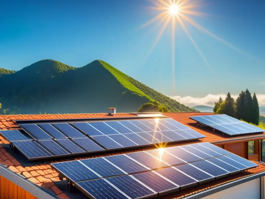 Un tejado moderno con paneles solares para vivienda sostenible reflejando los rayos del sol, simbolizando la energía renovable y la vida ecológica