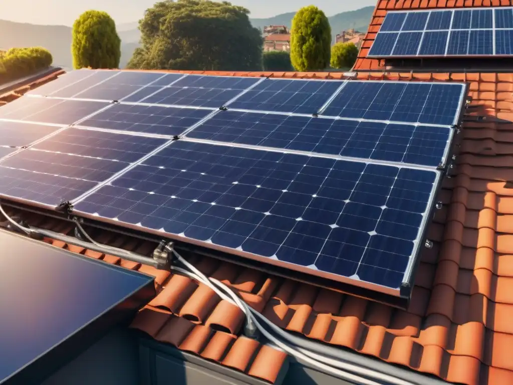 Un tejado residencial con paneles solares al sol, transmitiendo rentabilidad energía solar ecología