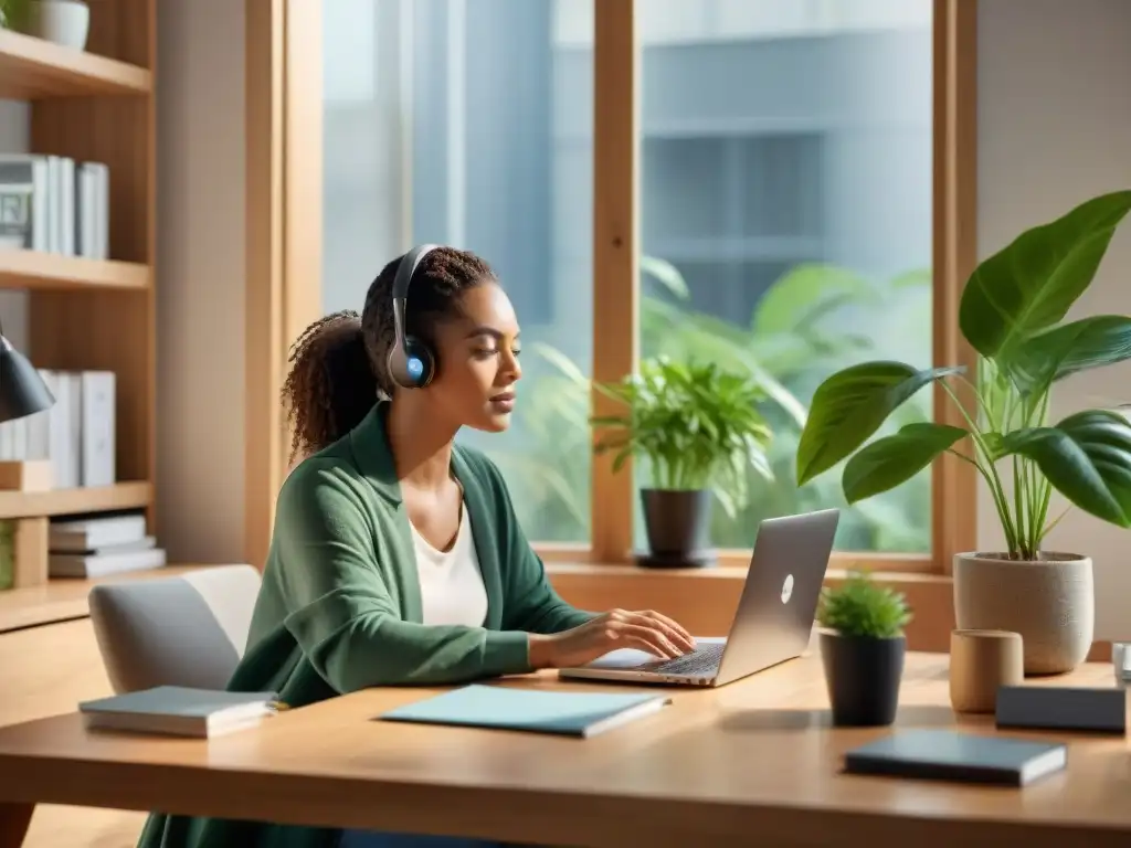 Teletrabajo sostenible desde casa: Persona concentrada en laptop en acogedora habitación soleada con plantas y suministros ecológicos