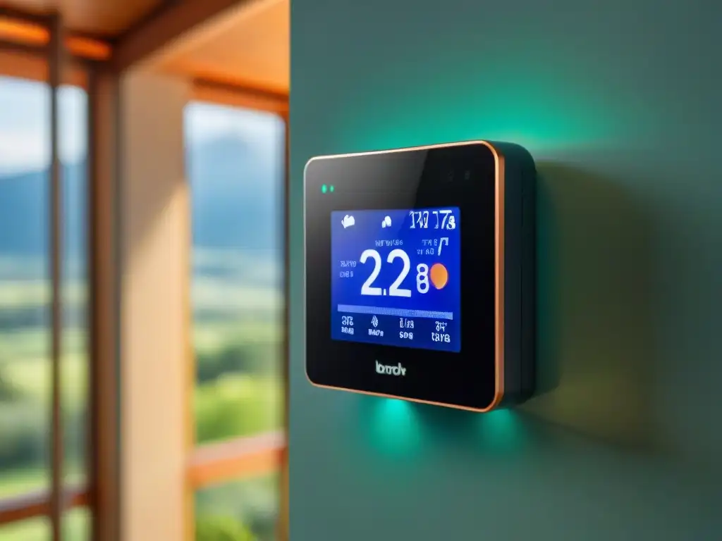 Un termostato inteligente muestra datos de consumo energético en una vivienda ecológica con tecnología IoT