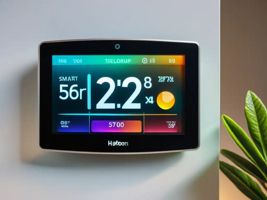 Termostato inteligente de diseño moderno, muestra estadísticas de consumo y ajustes de temperatura en una interfaz digital