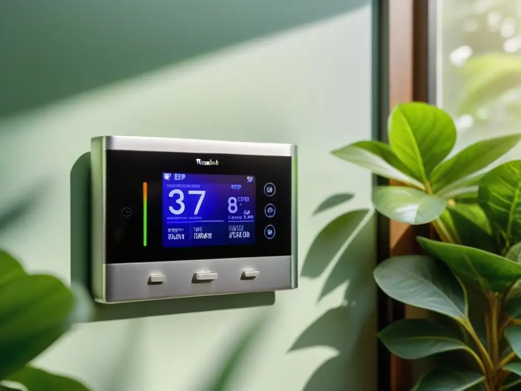 Termostato inteligente en pared con plantas, luz natural y app móvil