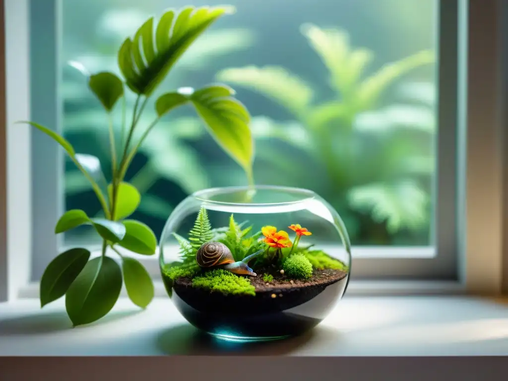 Un terrario exquisito en un alféizar soleado, con un ecosistema en miniatura de exuberante vegetación, helechos delicados y flores vibrantes