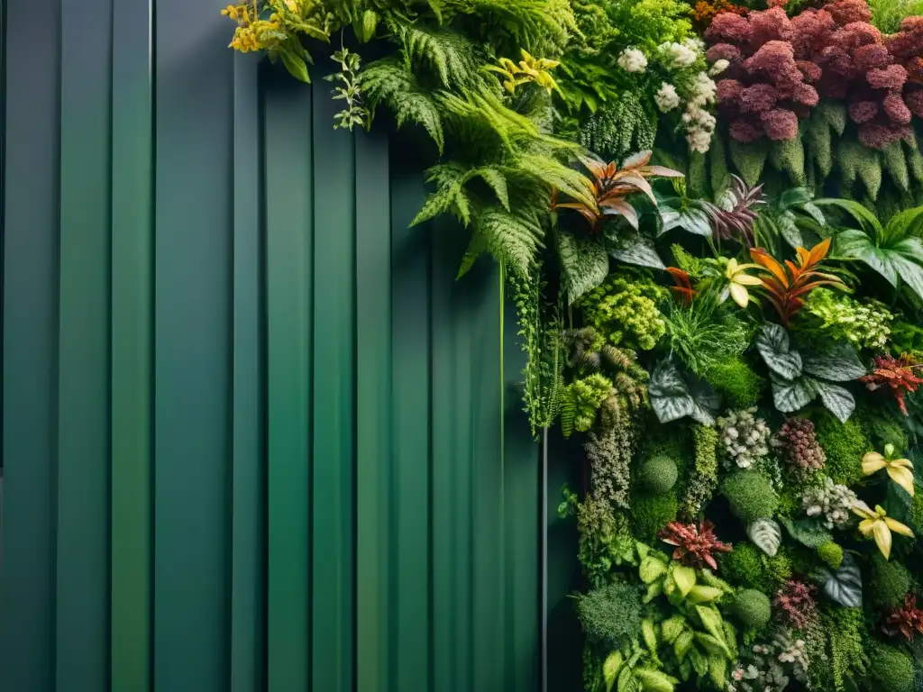 Terrarios y jardines verticales ecológicos: un muro natural con exuberantes plantas verdes y flores vibrantes, iluminado por el sol