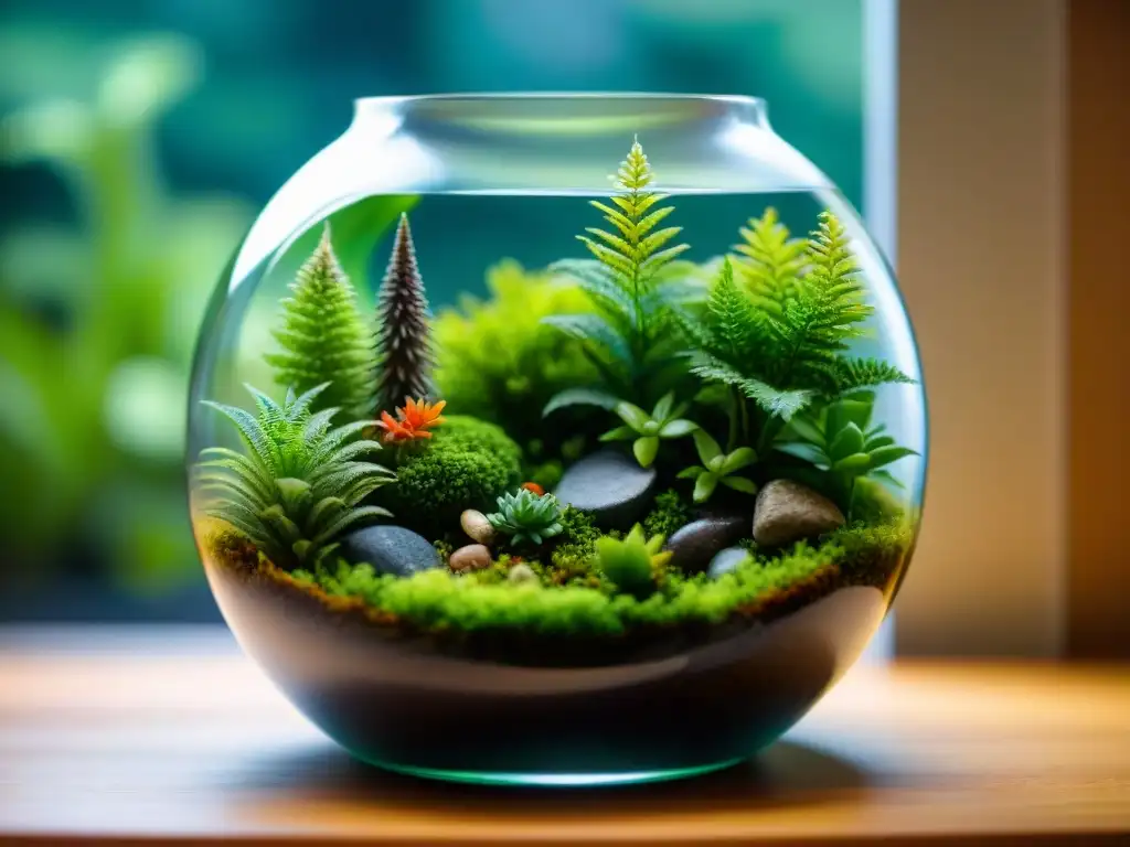 Terrarios y jardines verticales ecológicos: Detalle de un mini terrario con musgo, helechos, piedras y cascada en un recipiente de vidrio