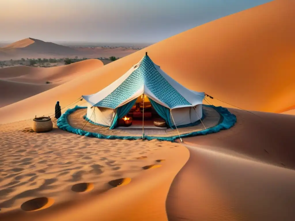 Tienda beduina en desierto al atardecer con estancias sostenibles en Medio Oriente