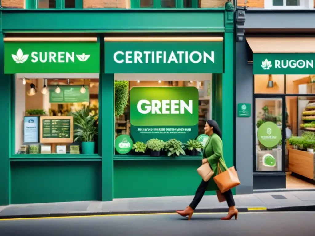 Tienda con certificaciones verdes en marketing, clientes felices y productos ecofriendly