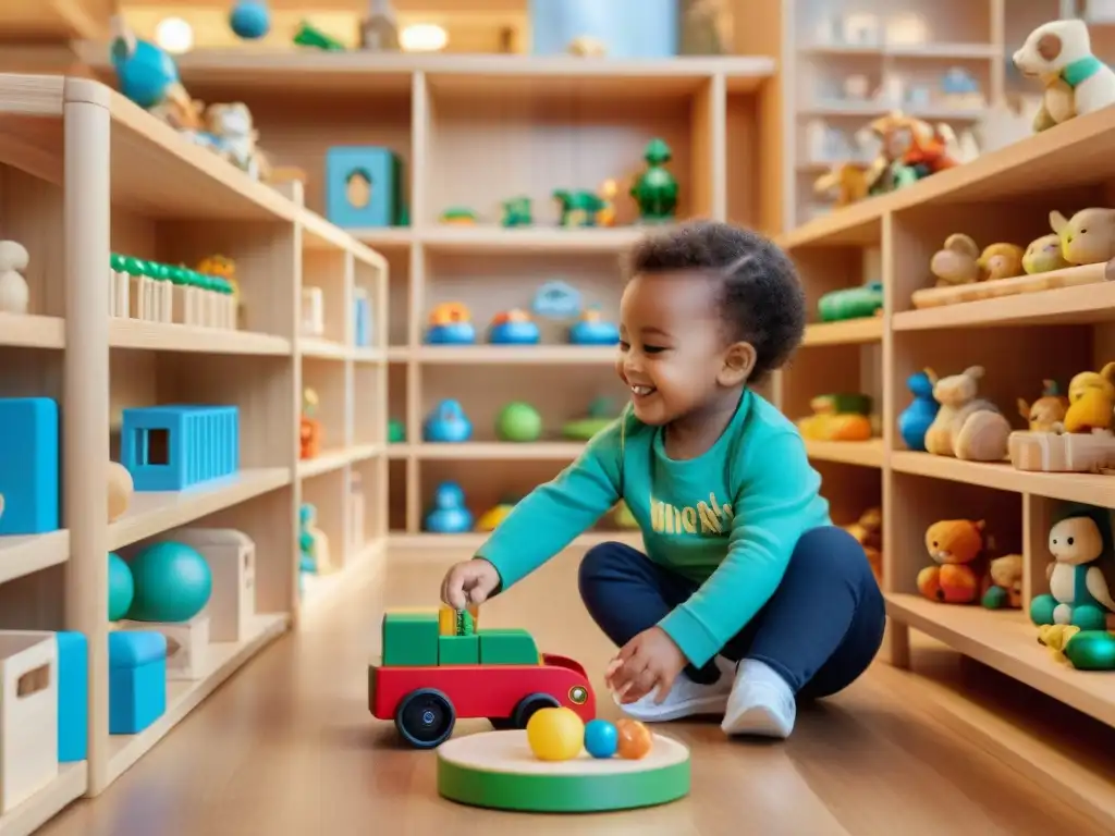 Una tienda de juguetes ecológicos llenos de alegría y diversidad, donde niños y padres descubren opciones respetuosas con el planeta