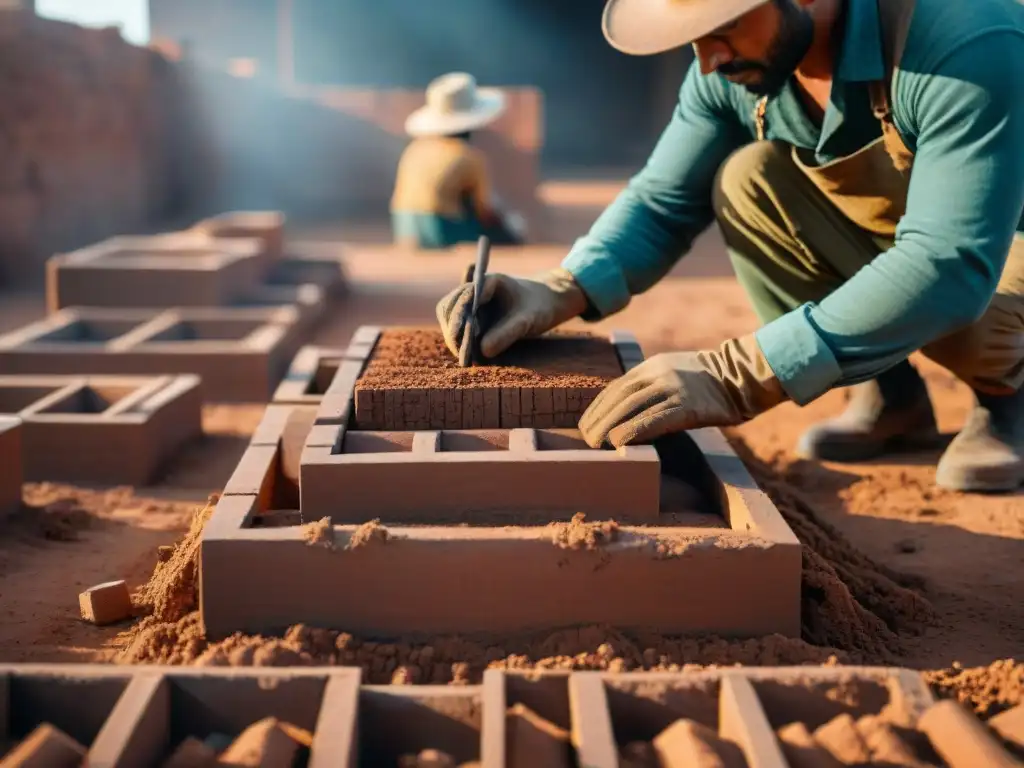 Transformación de la tierra arquitectura: artesano moldea ladrillos de adobe a mano en taller rústico