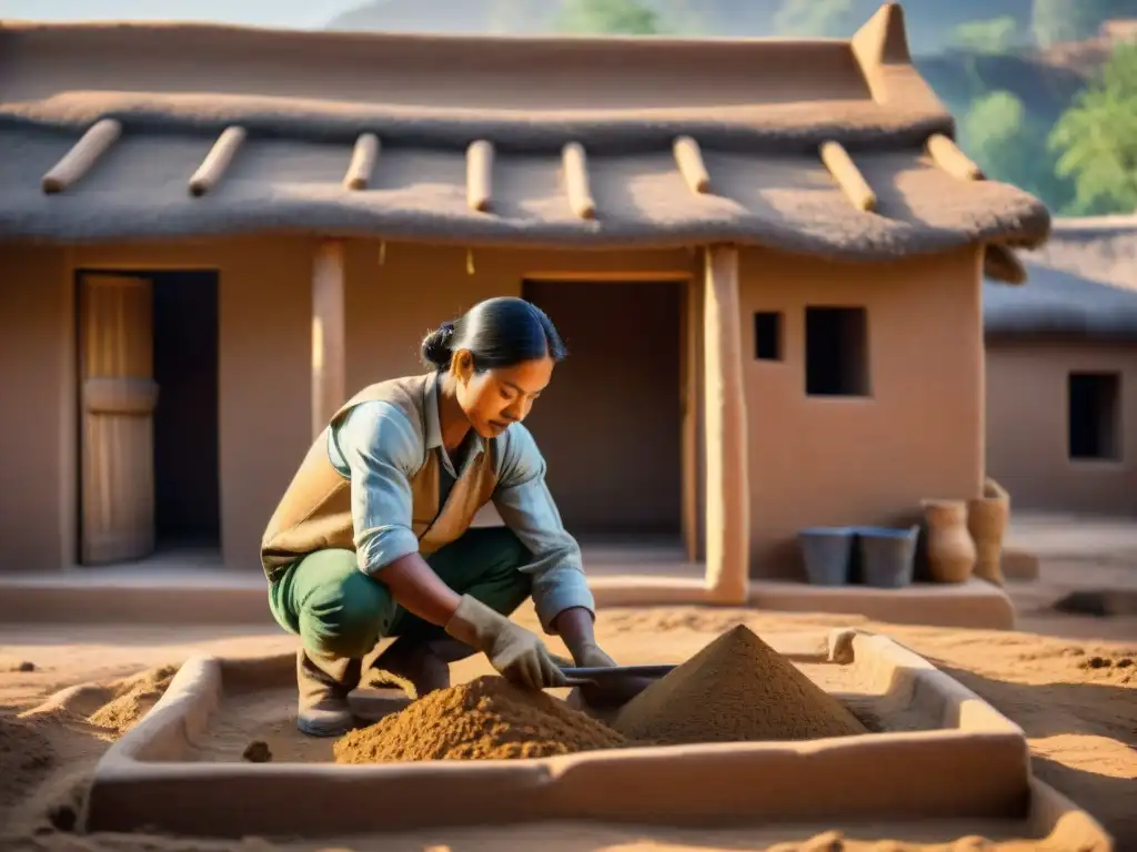 Transformación de la tierra en arquitectura: Artesanos construyen casa de adobe con dedicación bajo cálido sol dorado