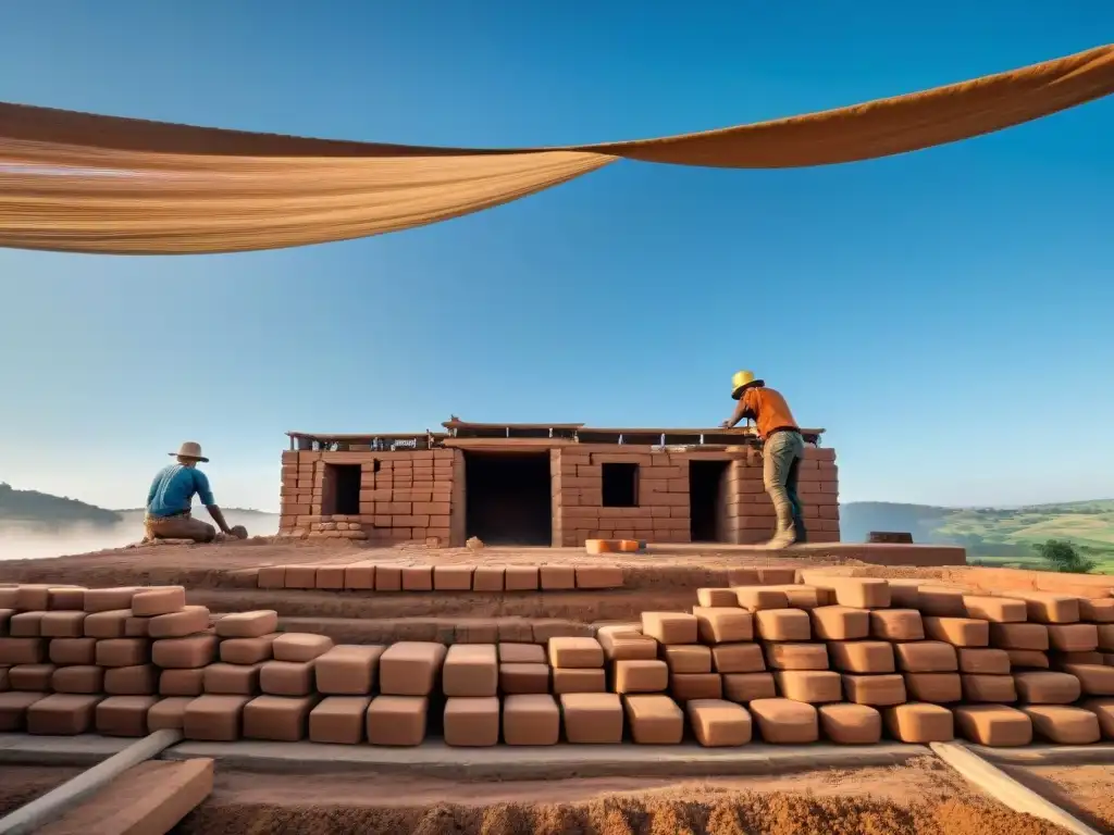 Transformación de la tierra en arquitectura: manos expertas moldean ladrillos de barro para construir una casa ecológica en armonía con la naturaleza