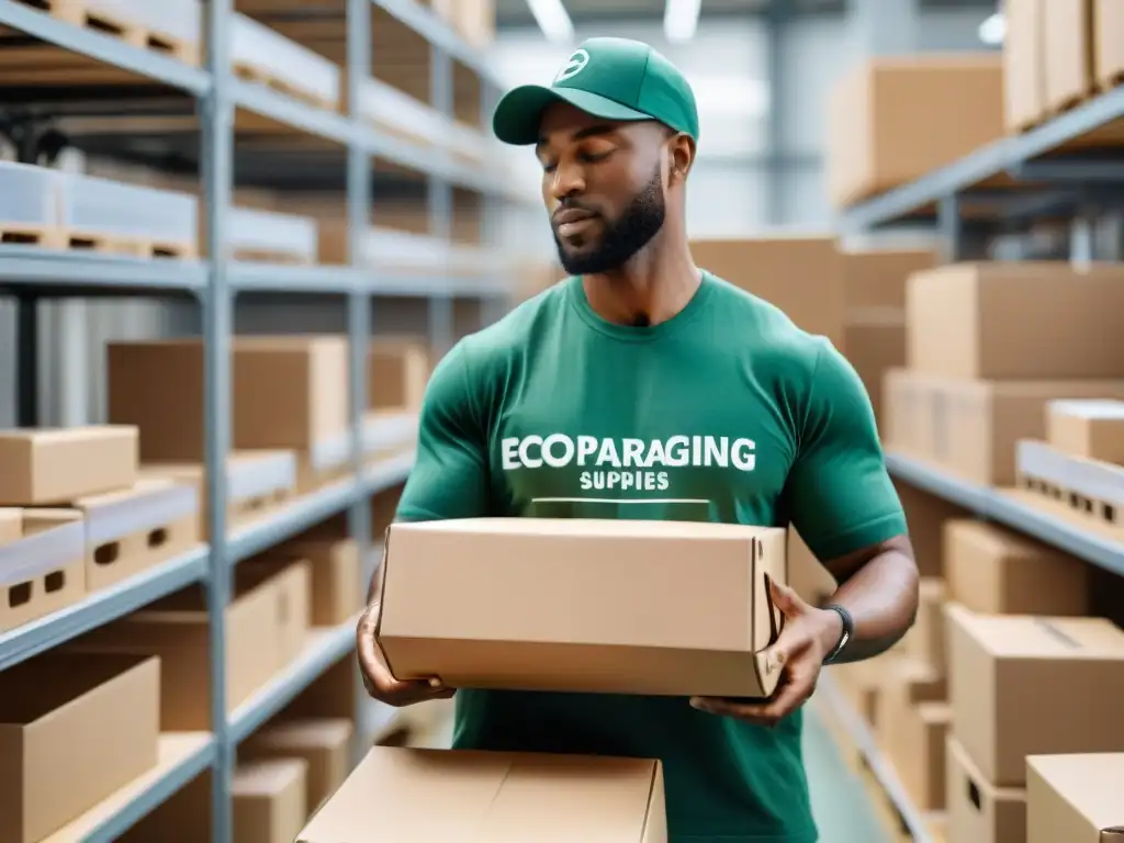 Trabajador ensamblando cajas ecológicas en fábrica sostenible, mostrando dedicación a GreenPackaging para reducir impacto