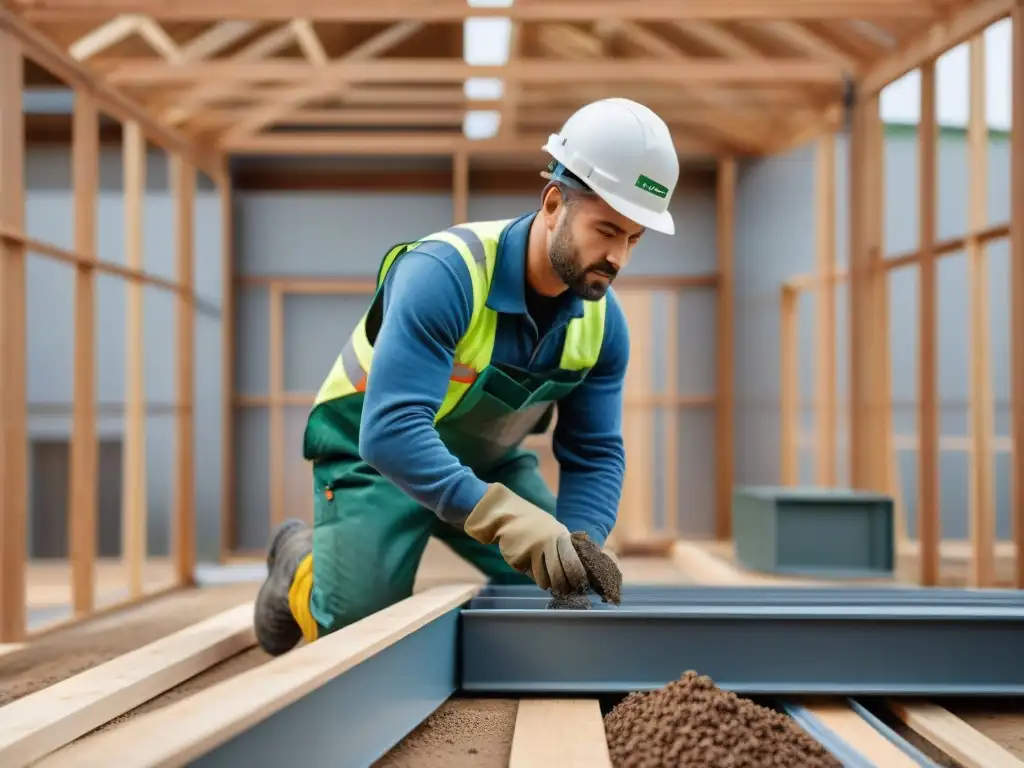 Un trabajador de la construcción desmonta con cuidado un edificio modular, destacando la construcción sostenible y la reducción de la huella ecológica