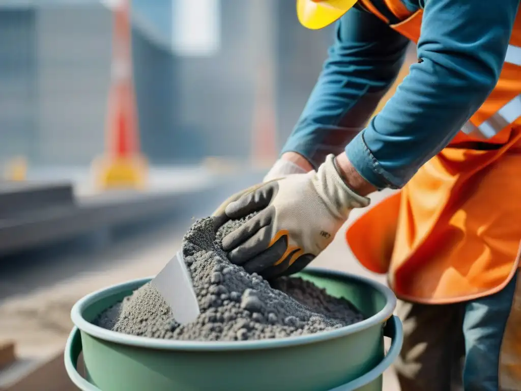 Un trabajador de la construcción mezcla geopolímeros en un cubo industrial, destacando su textura