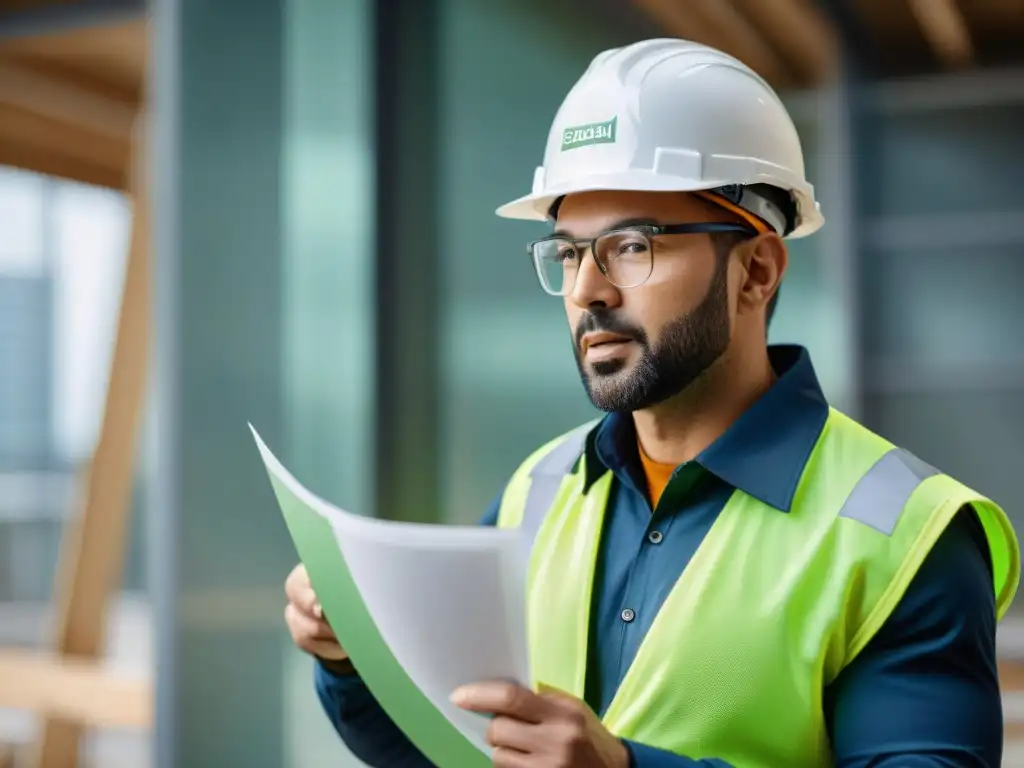 Un trabajador de la construcción inspecciona detalladamente material de aislamiento para certificación BREEAM