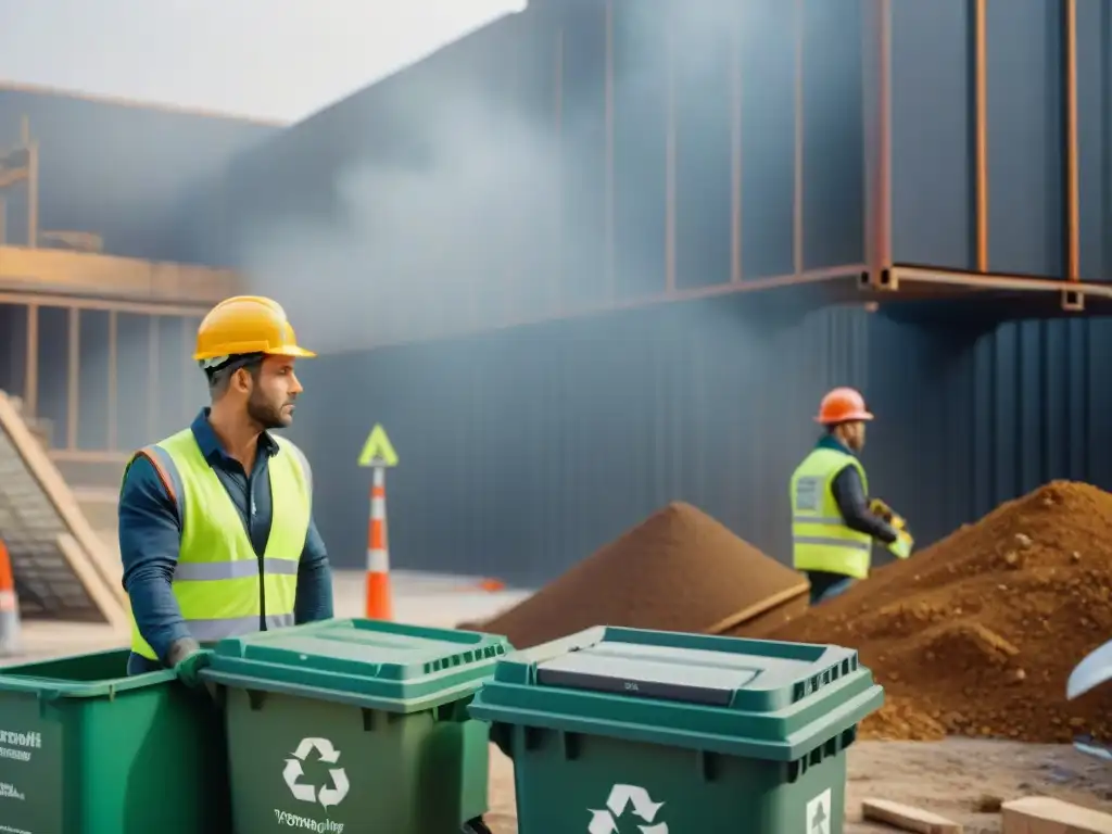 Un trabajador de la construcción separa materiales en contenedores de reciclaje en un sitio sostenible, demostrando la gestión eficiente de residuos en acción