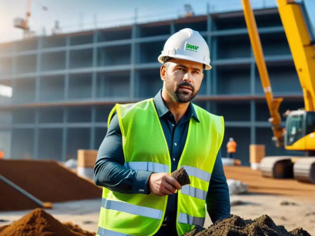 Trabajador de la construcción clasificando residuos en obra sostenible, demostrando gestión eficiente