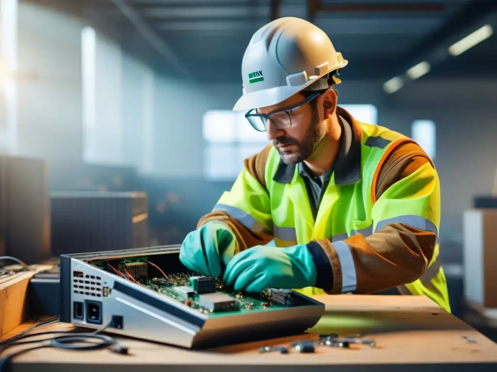 Un trabajador desmonta con cuidado un antiguo ordenador, rescatando componentes para construcción sostenible