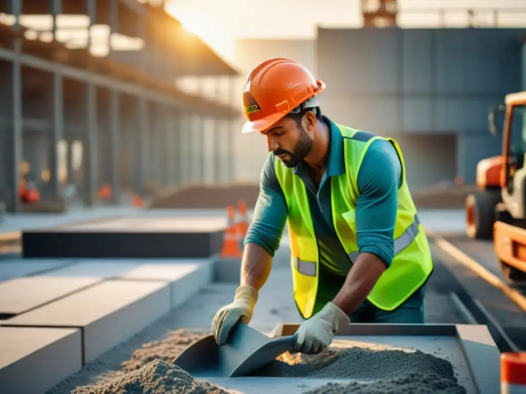 Trabajador vierte con cuidado concreto ecológico en molde en obra moderna al atardecer